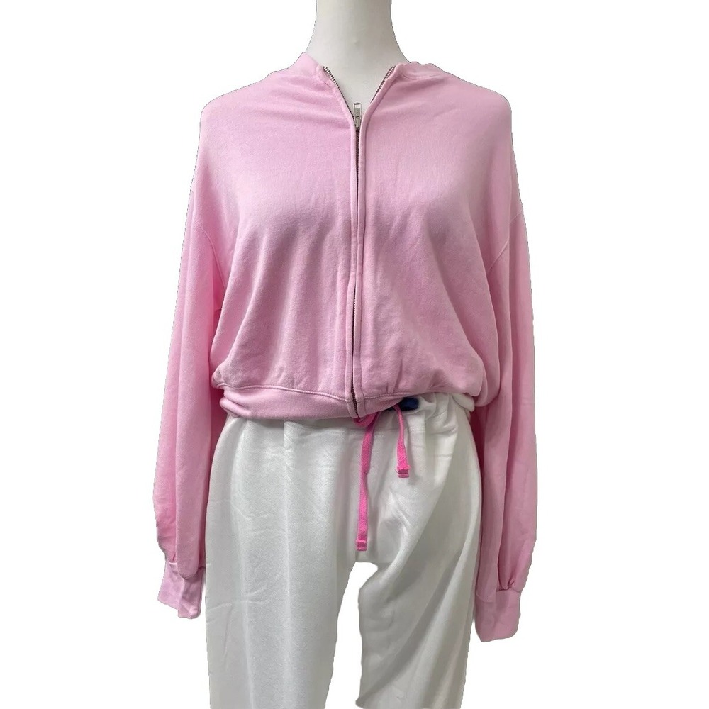 Revolve MONROW Cropped Full Zip Sweatshirt Hoody Puff Sleeves Size Medium NWT